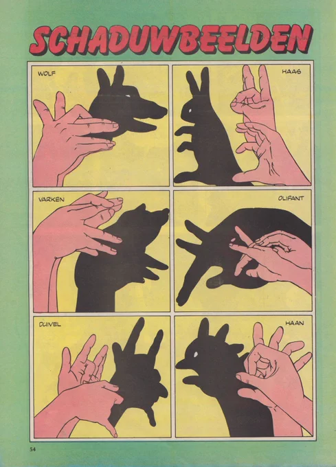 From the same magazine: these shadow puppets. (Sorry about the "Indian" one.) You can probably guess them, but if not:

WOLF, HARE, PIG, ELEPHANT, DEVIL, ROOSTER (image two:) "INDIAN", BIRD, SWAN, GOOSE, BULL, DOG.

Bull, dog. Bulldog. Heyyyy bulldog. 