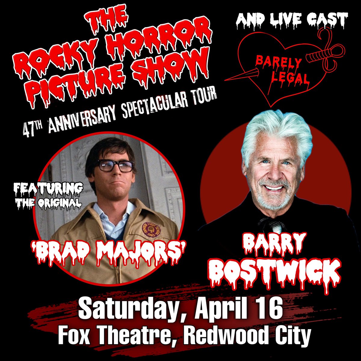 blrhps's tweet photo. This Saturday night, Barely Legal joins forces with the original asshole himself, Barry Bostwick to put on the #RockyHorrorPuctureShow!

Join us at the Fox Theater in Redwood City for fun, games, Q&amp;A with Barry, &amp; a shadowcast production of #RockyHorror 

https://t.co/i8PsOIpV0J https://t.co/hPSEjhGhGD