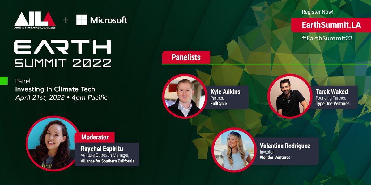 Really looking forward to moderating the #climatetech #investor panel at <a href="/AILA_Community/">AI LA</a>'s Earth Summit 2022! Excited to hear from awesome folks like <a href="/k_adkins/">Kyle Adkins</a> w/ <a href="/fullcycle/">FullCycle</a>, <a href="/valentinaaro/">Valentina Rodriguez</a> w/ <a href="/WonderVentures/">Wonder Ventures</a> &amp; <a href="/TarekWaked/">Tarek</a> w/ @typeonevc 
 
hopin.com/events/ai-eart…