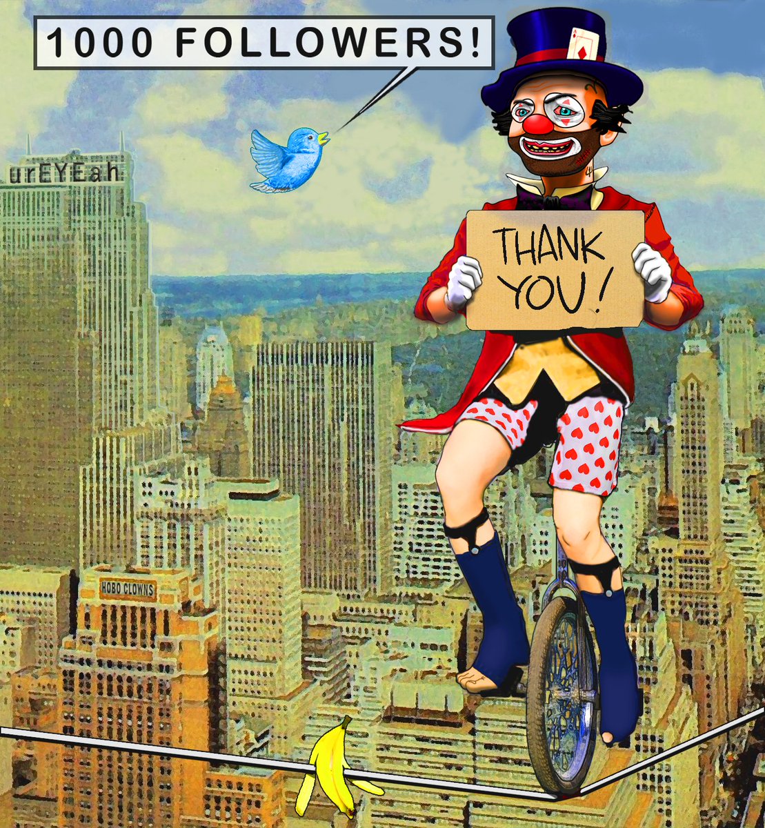 HoboClownsNFT's tweet photo. WE JUST HIT 1000 FOLLOWERS! THANK YOU!
#NFT #NFTS https://t.co/diSR3nrU13