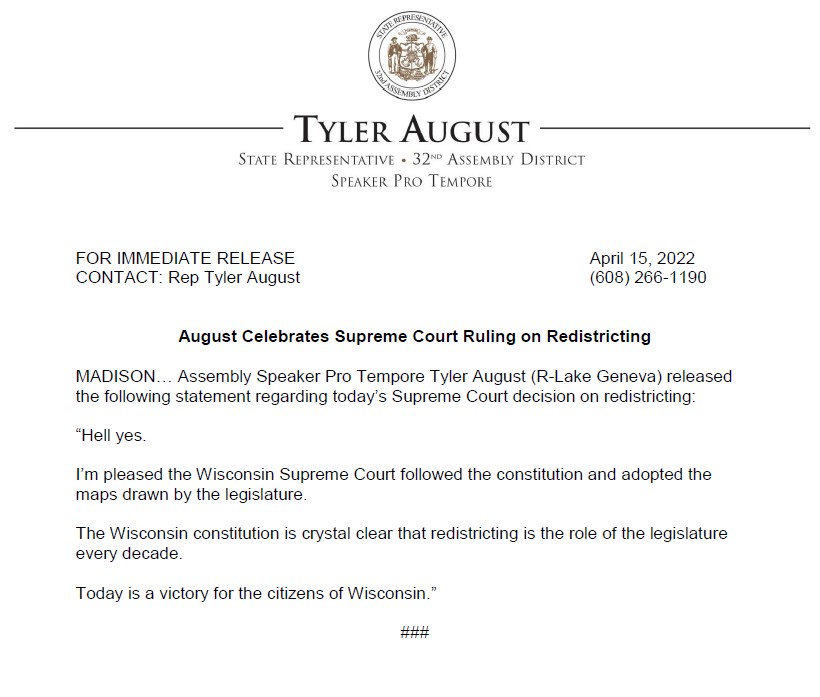 Hell yes. I’m pleased the Wisconsin Supreme Court followed the constitution and adopted the maps drawn by the legislature. The Wisconsin constitution is crystal clear that redistricting is the role of the legislature every decade. Today is a victory for the citizens of Wisconsin.
