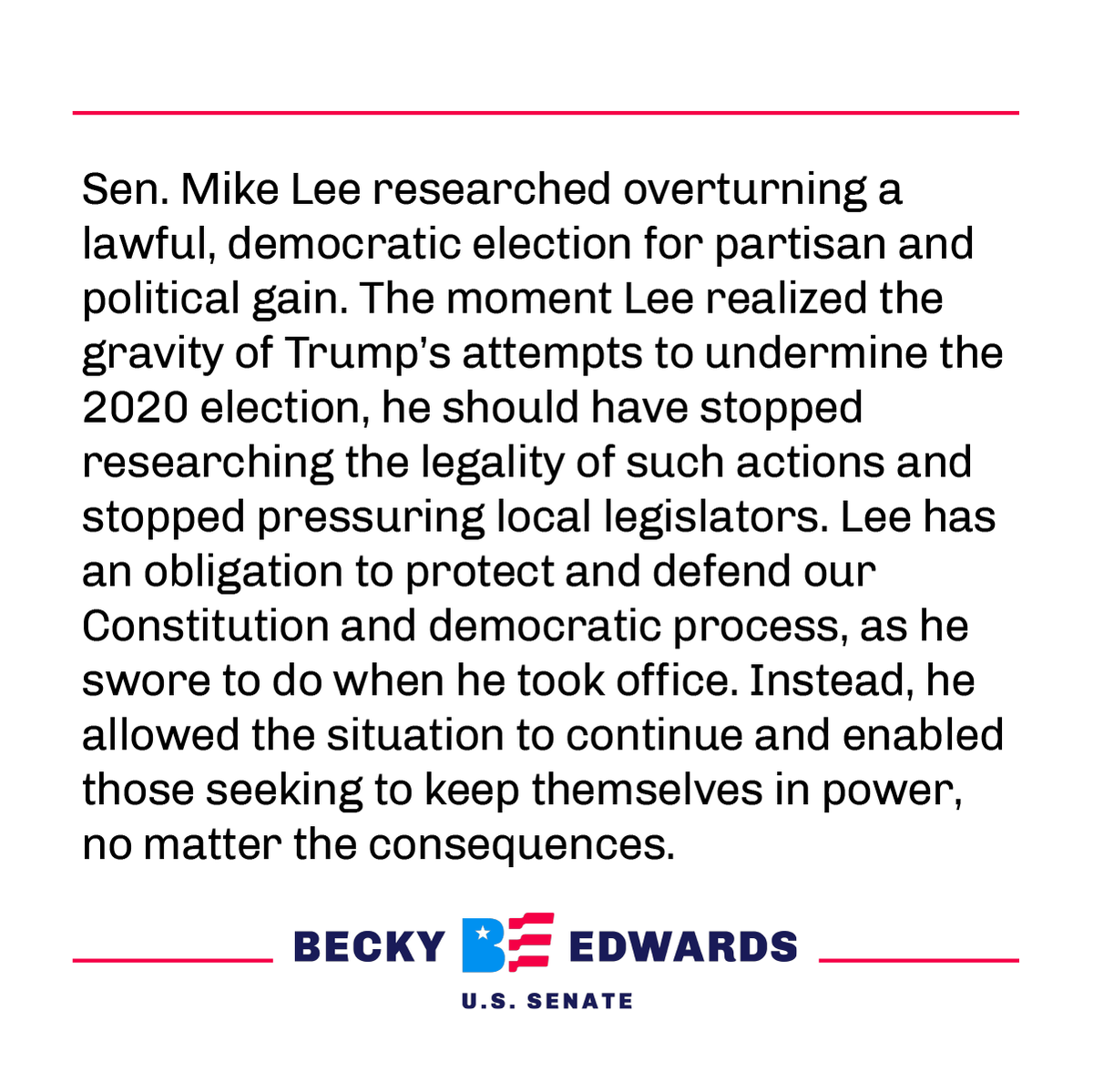 beckyforutah's tweet photo. Here is my full statement on Sen. Mike Lee’s text messages to Mark Meadows regarding the 2020 presidential election. https://t.co/rBFXHZR4lN