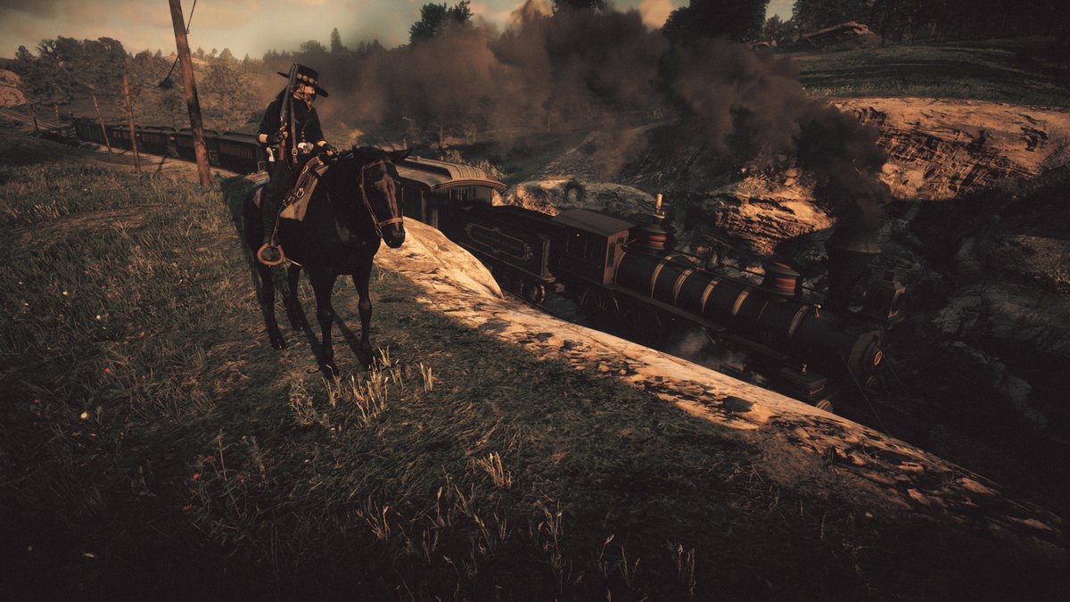 k3lly_Gaming's tweet photo. Time to hit a train! Heard this one has a lock box full of railroad money on it and welp, they got men with rifles in the first car it would seem, so let's give that a look shall we? It's time to ride! #RDR2ModdedSP #RDR2Photography #TrainHeistRP https://t.co/Zx4j2cmscT