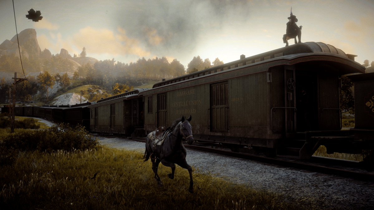 k3lly_Gaming's tweet photo. Time to hit a train! Heard this one has a lock box full of railroad money on it and welp, they got men with rifles in the first car it would seem, so let's give that a look shall we? It's time to ride! #RDR2ModdedSP #RDR2Photography #TrainHeistRP https://t.co/Zx4j2cmscT