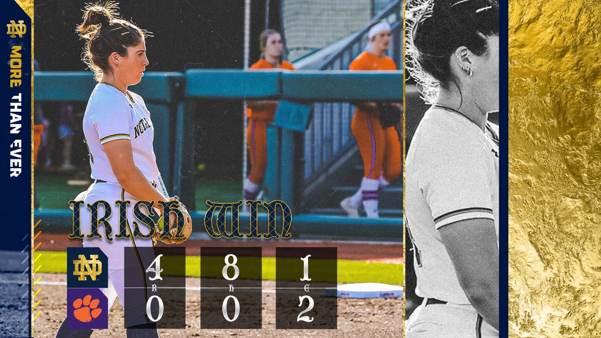 NDsoftball's tweet photo. .@hollowayale no hits Clemson! Irish win

#GoIrish☘️ https://t.co/Hrm87vDsHH