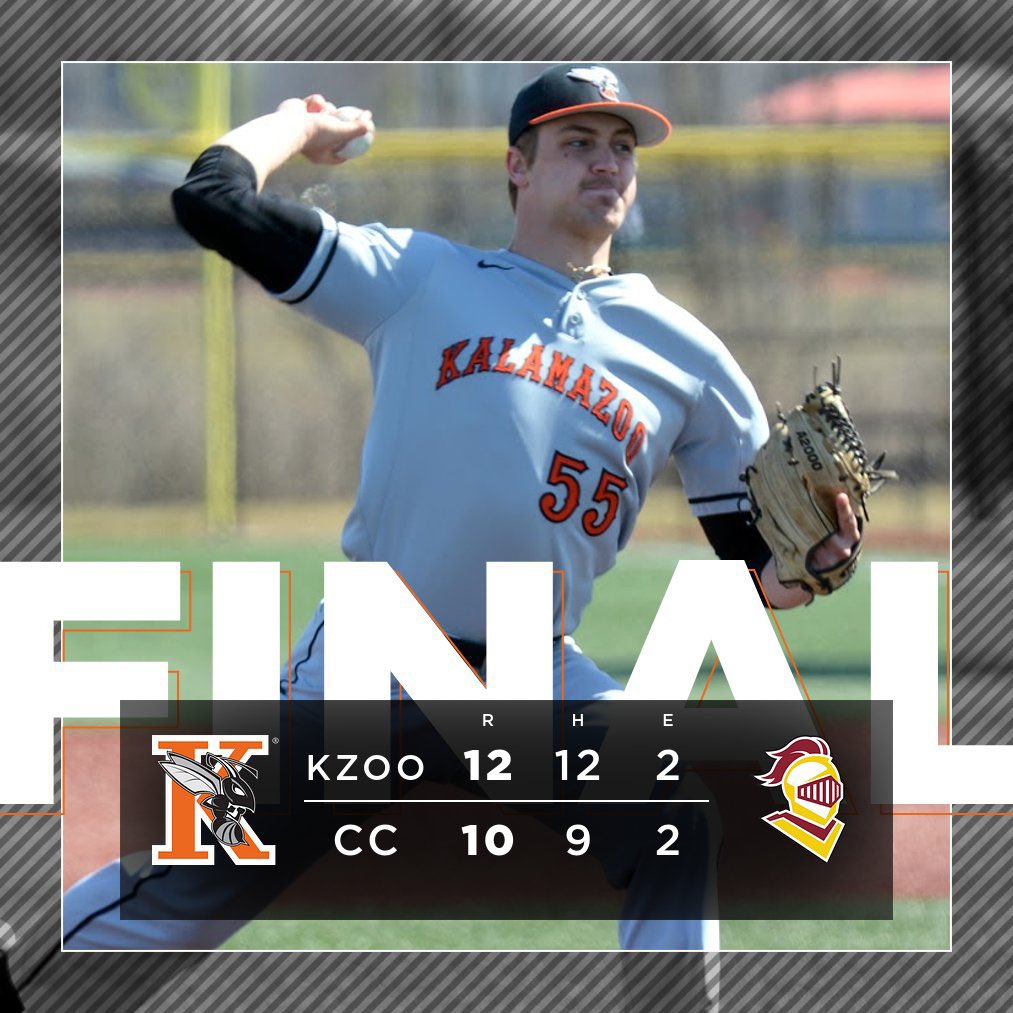Hornets Win! Kalamazoo takes the first game of the series against Calvin by a score of 12-10! 🐝⚾️

<a href="/blake_bean_/">Blake Bean</a> went 3 for 5 with 2 RBIs. <a href="/HarrisonP28/">Harrison Poeszat</a> and <a href="/bolton_lukas/">Lukas Bolton</a> both with 2 hits. <a href="/Cade_Thune/">Cade</a> notches the save to secure the win! ⛽️🔥

#GetTo