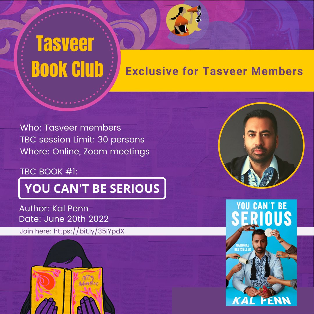 Launching the Tasveer Book Club (TBC) where we will together read one South Asian book every two months.  The first TBC book is the riveting You Can't Be Serious by @kalpenn! bit.ly/3rorMtw  #southasian  #southasianbook  #southasianbookclub #southasianauthor