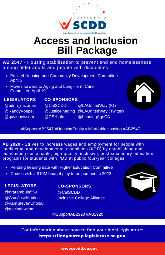 CalSCDD's tweet photo. @CalSCDD is sponsoring a quad of bills this year, and the theme for this bill package is "Access and Inclusion." Here is a snapshot of the four bills' status. These bills are reform-oriented and focused on systems change for the I/DD community. #AB2547 #AB2920 #SB1092 #AB1663 https://t.co/5uk9JQcNjo