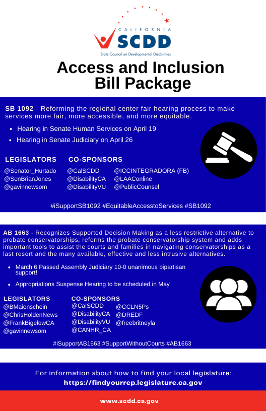 CalSCDD's tweet photo. @CalSCDD is sponsoring a quad of bills this year, and the theme for this bill package is "Access and Inclusion." Here is a snapshot of the four bills' status. These bills are reform-oriented and focused on systems change for the I/DD community. #AB2547 #AB2920 #SB1092 #AB1663 https://t.co/5uk9JQcNjo