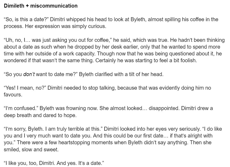 #dimileth modern AU officeworkers on a (not) coffee date

(I tried to think of angsty miscommunication for you, but I could only come up with cute scenarios 😆)