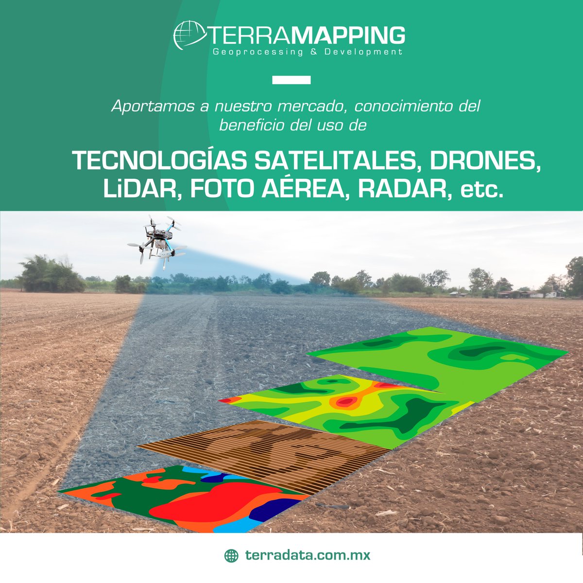 Terramapping's tweet image. Brindamos soluciones 𝐆𝐞𝐨𝐞𝐬𝐩𝐚𝐜𝐢𝐚𝐥𝐞𝐬, nuestros productos y servicios, se basan en la innovación y la tecnología, que impulsan el crecimiento económico, a través del desarrollo de soluciones. Uso de tecnologías satelitales, drones, LiDAR, foto aérea, radar, etc.