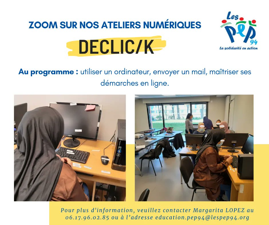 LesPEP94's tweet photo. [Les PEP 94 animent les ateliers DECLIC/K !]
Aux mois de mars et d’avril, les PEP94 ont proposé des ateliers pour découvrir le numérique auprès des familles de la Maison pour tous de Chevilly Larue. 
#Declick #numérique #ordinateurs #lespep94 @Maisonpourtouschevillylarue https://t.co/5bL1d5HYdT