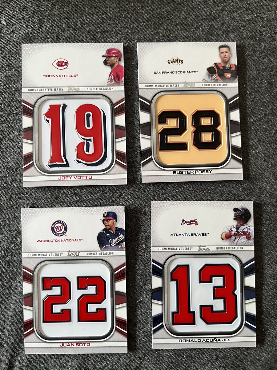 ValleyVlgCards's tweet photo. 4/15-17 #LotsOfDeals
Lot 3: Number Medallion Lot w/ Joey Votto, Buster Posey, Juan Soto and Ronald Acuna

Lot: $5 or $2ea https://t.co/L0Z9e57ukQ