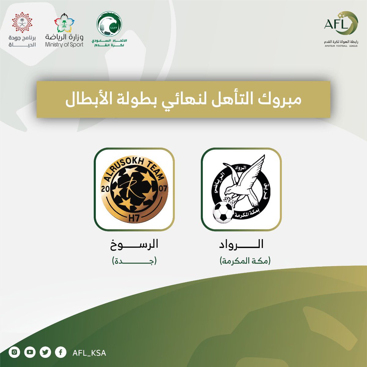 afl_ksa's tweet photo. —  تهــانــينــا 🤩👏🏼
للفرق المتأهلة للنهائي 🔝

🏆 بطولة الأبطال للهواة لكرة القدم https://t.co/luiYkElB2N