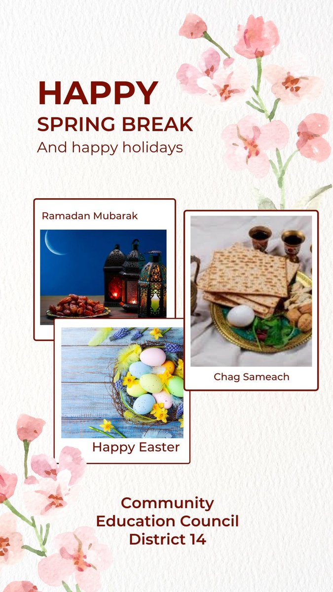 council_14's tweet photo. Ramadan Mubarak 🌙 Happy Easter 🐣 and Chag Sameach 🍷 to our District 14 Community! We hope you have a restful and restorative spring break. Be sure to use your Covid tests & #TestToReturn so we can all stay safe. #District14Strong #CEC14 https://t.co/sp91ixXZiO