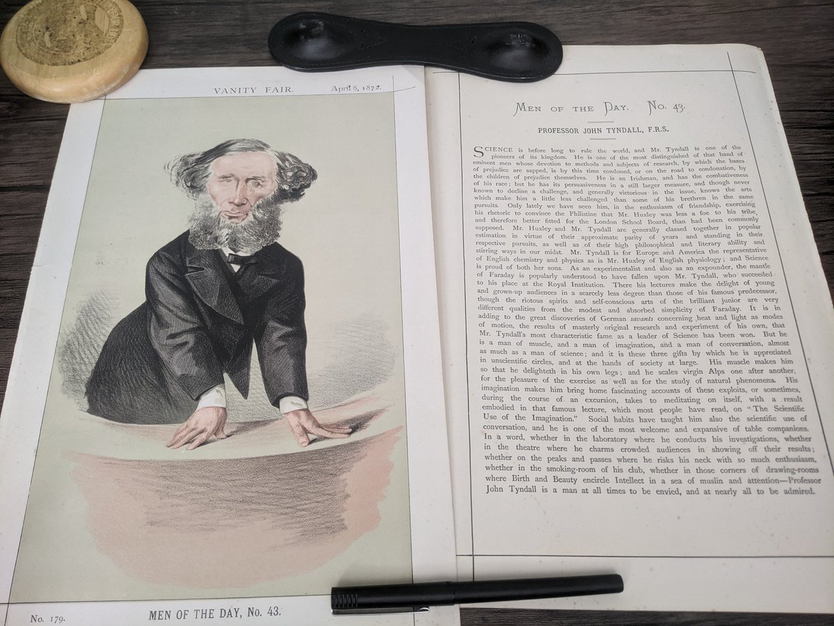 Awesome gift from @friendsofdarwin, which he found in his favorite secondhand bookshop: two pages from the 6 April 1872 issue of Vanity Fair (150 yrs ago this month): a caricature and profile of @ProfTyndall for the magazine's Men of the Day series. #histsci #histSTM #histphys
