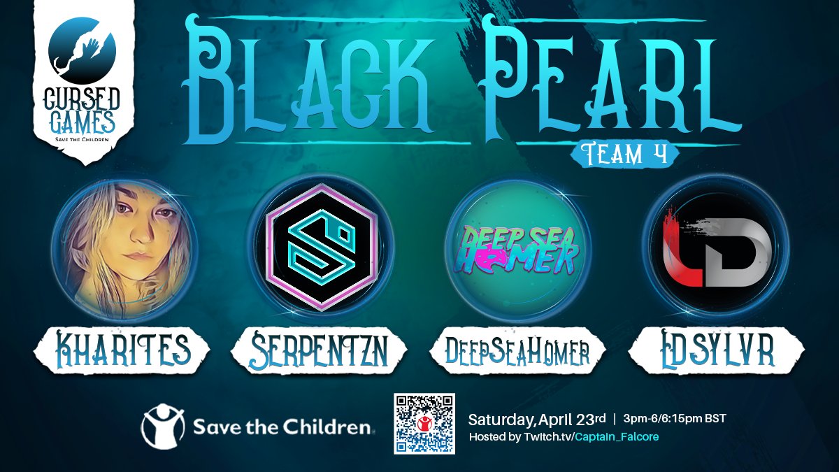 Spammals's tweet photo. TEAM ANNOUNCE!
Welcome the Black Pearl to the Cursed Games staring @nina_michelle19 @serpentzn @iDrawhomer & @LSylvr!
Remember the date April 23rd!
Twitch Drops, Giveaways & Rare doubling money raised!
#CursedGames https://t.co/cCQQPDddNN