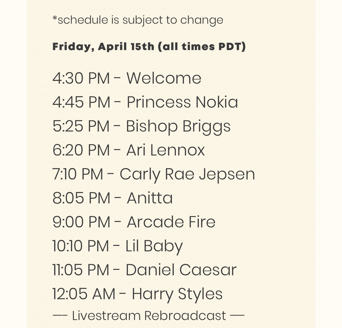 HStylesSP's tweet photo. ‼️ || La web de Coachella también ha cambiado los horarios, por lo que Harry actuará 30 MINUTOS DESPUÉS de lo previsto (puede haber cambios) https://t.co/8TMVz6GI5A