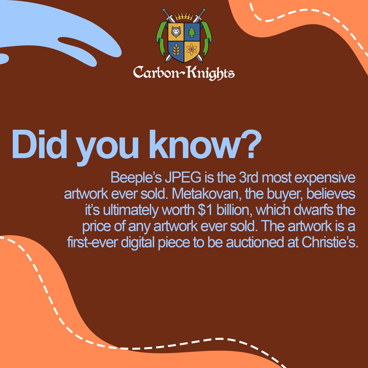 Beeple’s JPEG is the 3rd most expensive artwork ever sold. Metakovan, the buyer, believes it’s ultimately worth $1 billion, which dwarfs the price of any artwork ever sold. The artwork is a first-ever digital piece to be auctioned at Christie’s.

.
#Carbonknightclub #nfts #nftart