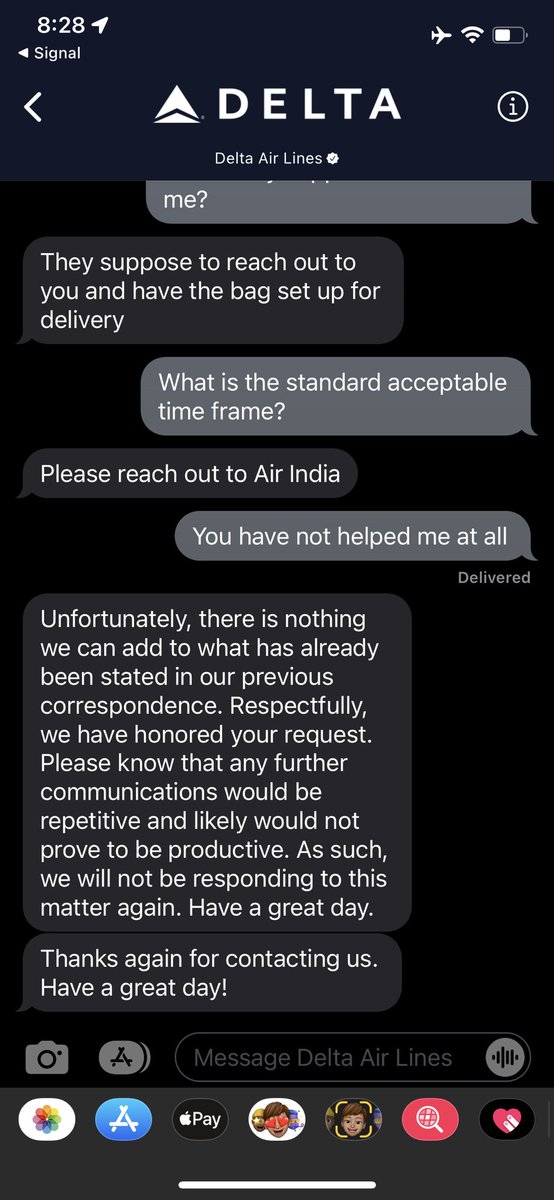 amram18's tweet photo. Wow @Delta this is the baggage team’s response to you losing my baggage after you cancelled my flight and put me on a subpar airline. Where is the customer service? Truly unacceptable. #travel #travelnightmare @nytimestravel @Expedia @CNNBusiness @WSJ https://t.co/OVKHcCPrM8
