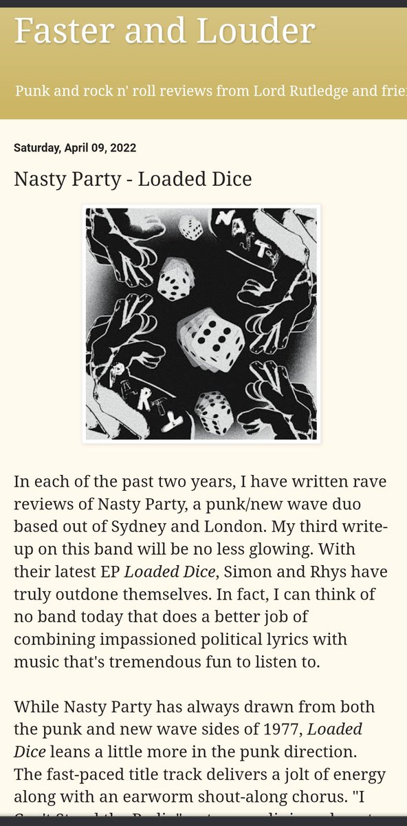 NASTYPARTY3's tweet photo. Lucky enough to receive a great review of our "Loaded Dice" single in the Faster & Louder Music Blog 💥💥💥 #punkblog #musicblog #musicreview #fasterandlouder https://t.co/RBfTHxOhen
