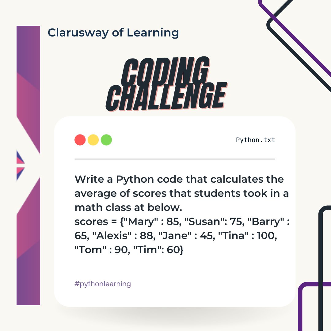 clarusway's tweet photo. Write the answer of the Python code.
#python #pythonchallenge #codechallenge #coding #bootcap #100daysofpython #100daysofcode #clarusway https://t.co/S2atdgFLwZ