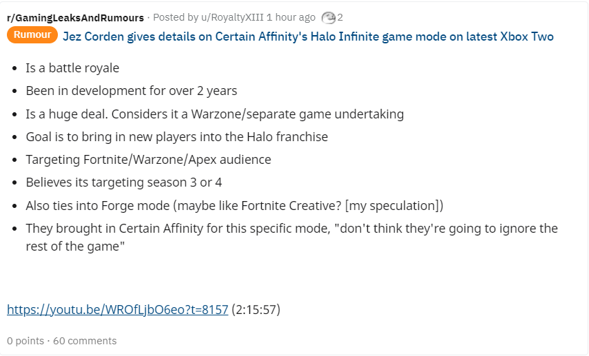 UniDaSensei's tweet photo. According to our guy @JezCorden, Halo Infinite has a separate BR mode that could be ready for release this year that will also tie into Forge that targets Fornite/Apex audiences. Is this a W or L Xbox gamers? I really don't mind as long as it doesn't affect content &amp; other modes. https://t.co/XEtiHvbgpX