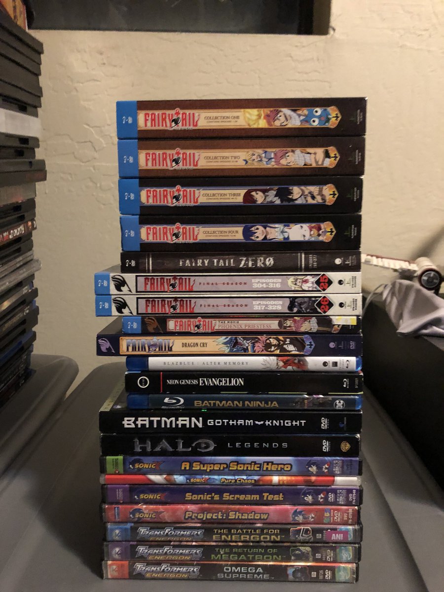 Ian_Fahringer's tweet photo. For #NationalAnimeDay, hereโs my collection of Anime so far and as you can see, Fairy Tail beats its anime competition #FairyTail #BlazBlueAlterMemory #NeonGenesisEvangelion #BatmanNinja #BatmanGothamKnight #HaloLegends #SonicX #TransformersUnicronTrilogy #TransformersEnergon https://t.co/P8wdvGJUiD