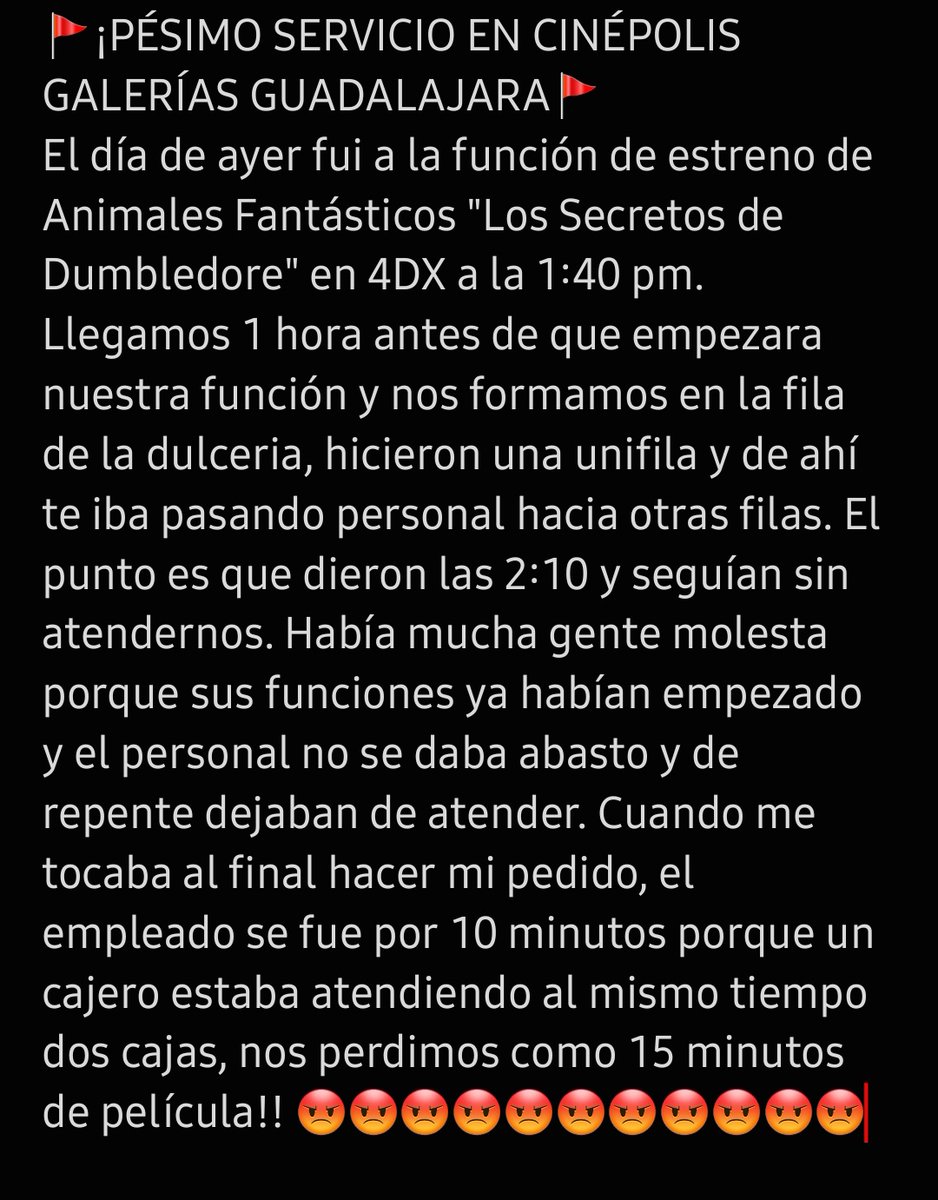 Gely_cuadra07's tweet photo. 🚩¡PÉSIMO SERVICIO EN CINÉPOLIS GALERÍAS GUADALAJARA!🚩 @Cinepolis @AyudaCinepolis 
#AnimalesFantasticos3 #LosSecretosDeDumbledore https://t.co/TnOM8OWKHB