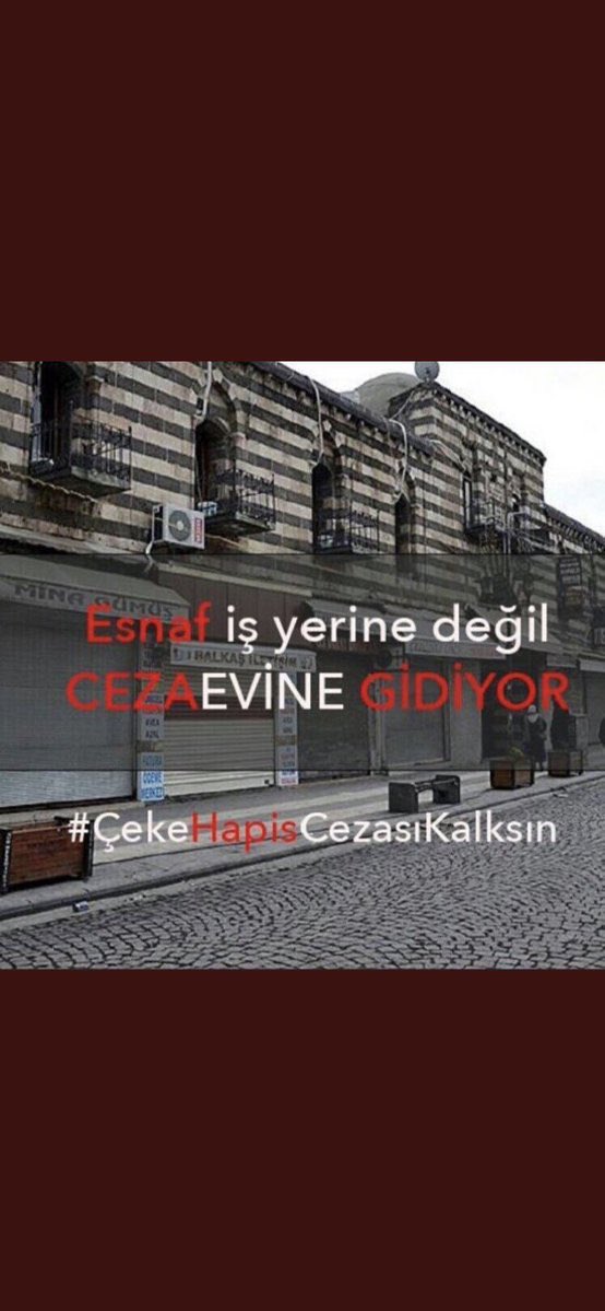 Yeni yatirimcilar icin,
Yeni nesiller icin,
Dustuk ama kalkar tekrar yapariz diyecekler icin,

Ekonomik sorunlar yuzunden batmis
Is insanlarini HAPSE atmayi birakmak lazim..
#CekeHapisCezasıKalksın 
<a href="/nurettincanikli/">Dr. Nurettin Canikli</a> <a href="/BY/">Binali Yıldırım</a> <a href="/yilmaztunc/">Yılmaz TUNÇ</a> <a href="/bybekirbozdag/">Bekir  Bozdağ</a>