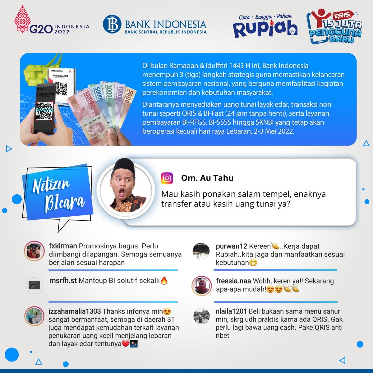 bank_indonesia's tweet photo. Persiapkan diri untuk #BeriMakna yang berarti di hari yang fitri. 🙏 Jadi gimana, kamu tim uang tunai atau tim scan nih? 🤔

#NetizenBicara
#CintaBanggaPahamRupiah
#diSetiapMaknaIndonesia
#BankIndonesia https://t.co/j6q40WeZVi