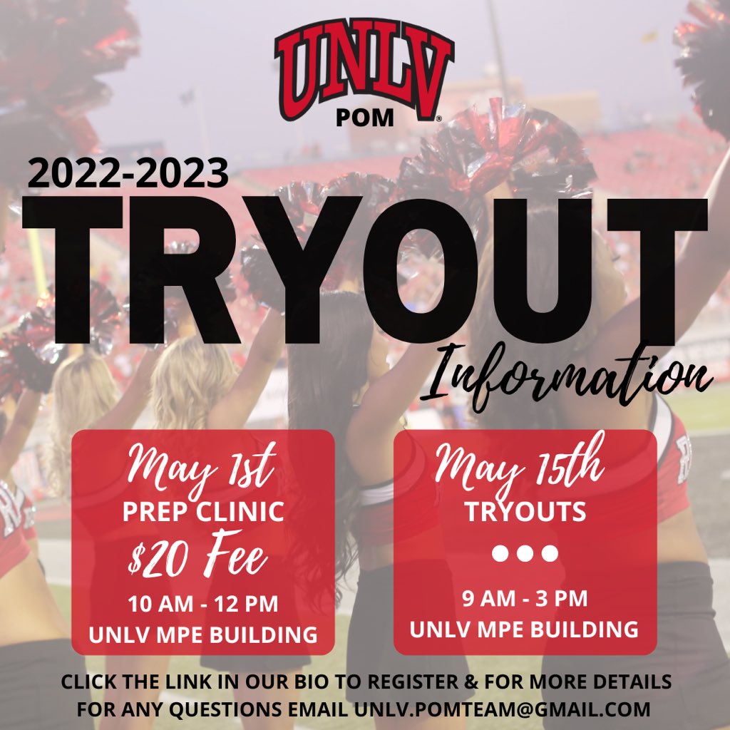 UNLVPom's tweet photo. ❗️Big News❗️

We are excited to announce dates for our 2022-2023 Tryouts and Prep Clinic. For more information, please visit the link in our bio. Go Rebels! ❤️ https://t.co/2GQkQdpho6