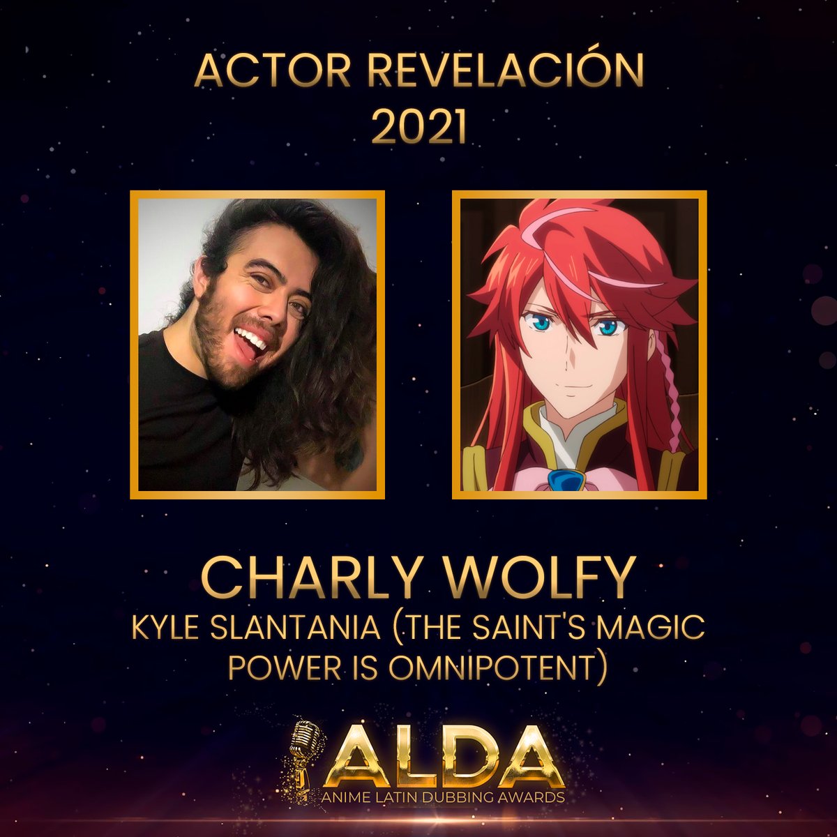 alda_awards's tweet photo. ⭐️Actor Revelación 2021✨

🔶@alonso_charly🔶

Personajes: 
🔸Kyle Slantania / The Saint's Magic Power is Omnipotent

#Doblaje #Anime #VoiceActors #ALDA2022 https://t.co/KsQTEQm2dv
