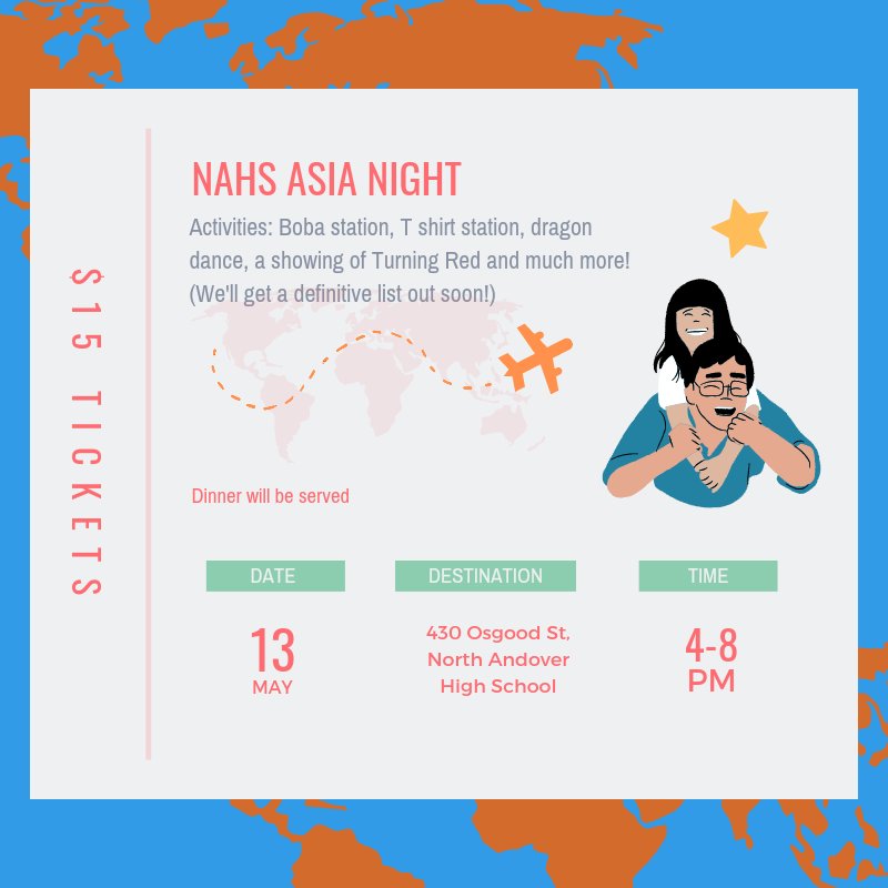 AsianNahs's tweet photo. We're holding our first Asia Night May 13th! Join us with friends and family and have fun and get immersed with us! Mark your calenders! 

We will be working with the @nahs_msa and @nahs_desiclub. If you'd like to collaborate, reach out to us anytime before May 3rd!
-Linzie https://t.co/l7XCDE0Vfo