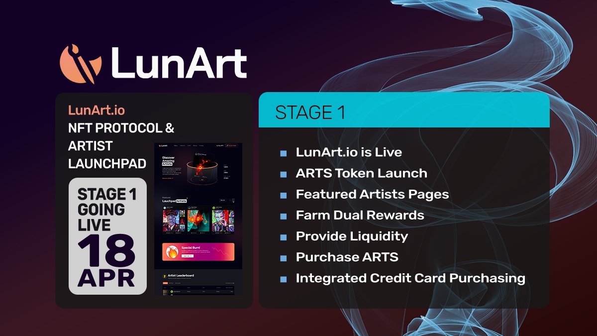 <a href="/LunArt_NFT/">LunArt 🌖</a> Protocol &amp; Artist Launchpad Stage 1 👊

18th April 🗓️
🔹 LunArt.io goes LIVE 🤩
🔹 $ARTS Token Launch (TGE) 🪙
🔹 Featured Artists Pages 👨‍🎨
🔹 Farm Dual Rewards 👨‍🌾
🔹 Provide Liquidity ☔️
🔹 Purchase $ARTS 💵
🔹 Integrated Credit Card Purchasing 💳
#NFT