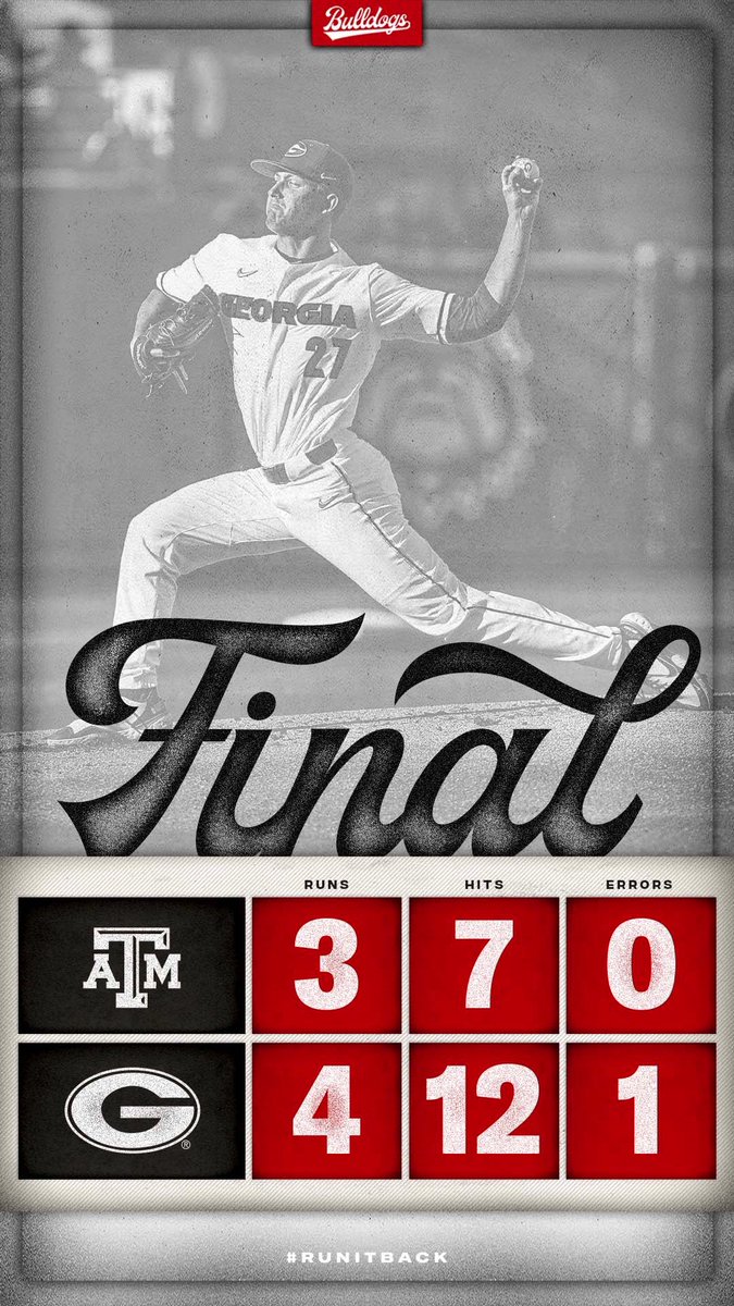 BaseballUGA's tweet photo. DAWGS WIN!!!

Let’s #RunItBack at Foley Field tomorrow at 4pm. 

#GoDawgs https://t.co/biqxEY6eet