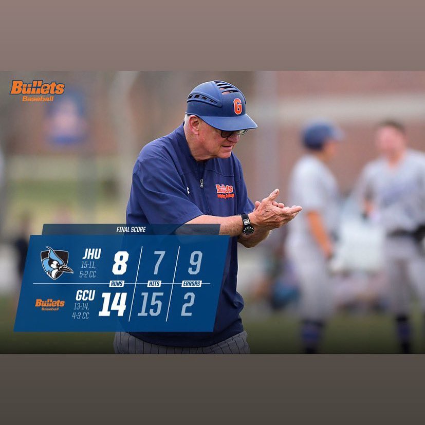 gburgbullets's tweet photo. The Bullets pound 15 hits and score 8��⃣ runs in their final three trips to the plate to take down Johns Hopkins.⚾️🔥 #gobullets🔶🔷 #d3baseball #CCBASE #BulletsBaseball https://t.co/0GydS3x6IV