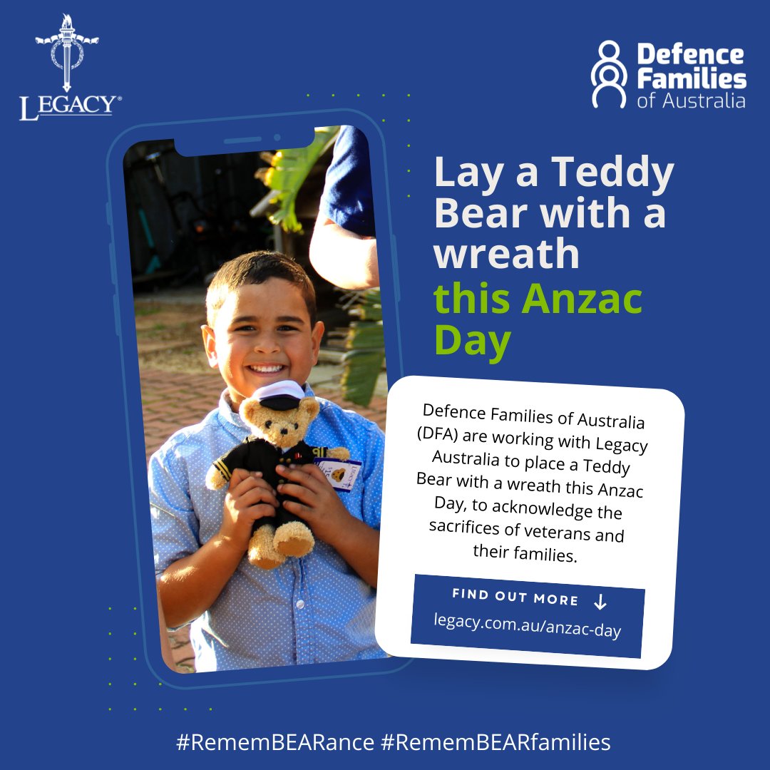 This #AnzacDay, show you care with a bear 🧸 @LegacyAust has teamed up with @DefenceFamilies (DFA) to recognise and honour the strength, sacrifice and service of Defence families. Learn more about the #rememBEARance campaign at legacy.com.au/anzac-day #rememBEARfamilies