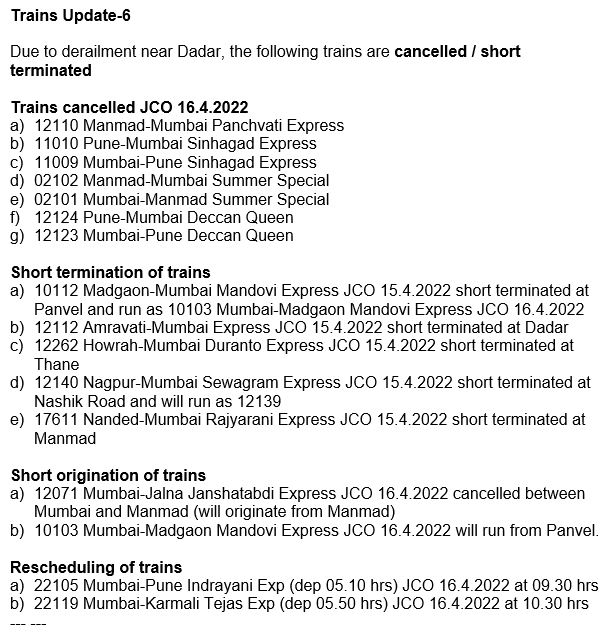 TOIMumbai's tweet photo. Due to #derailment near Dadar, the following #trains are cancelled/short terminated: Central Railway https://t.co/C3Rz9Qfx8u