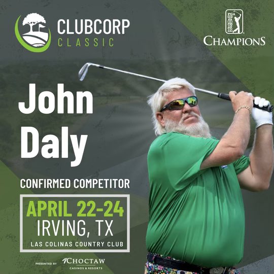 John Daly (@pga_johndaly) on Twitter photo Get your tickets as this is going to be a great week with celebrities in Dallas! @clubcorpclassic @clubcorp & <a href="/MikeFlaskeyEnt/">MF Entertainment</a> <a href="/LasColinasCC/">Las Colinas CC</a> can’t wait to see y’all in Dallas! #LetsGo Get your tickets as this is going to be a great week with celebrities in Dallas! @clubcorpclassic @clubcorp & <a href="/MikeFlaskeyEnt/">MF Entertainment</a> <a href="/LasColinasCC/">Las Colinas CC</a> can’t wait to see y’all in Dallas! #LetsGo