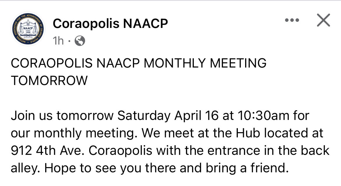 CoraopolisNAACP's tweet photo. Saturday, April 16th at 10:30AM! https://t.co/cg8tTTiiyL