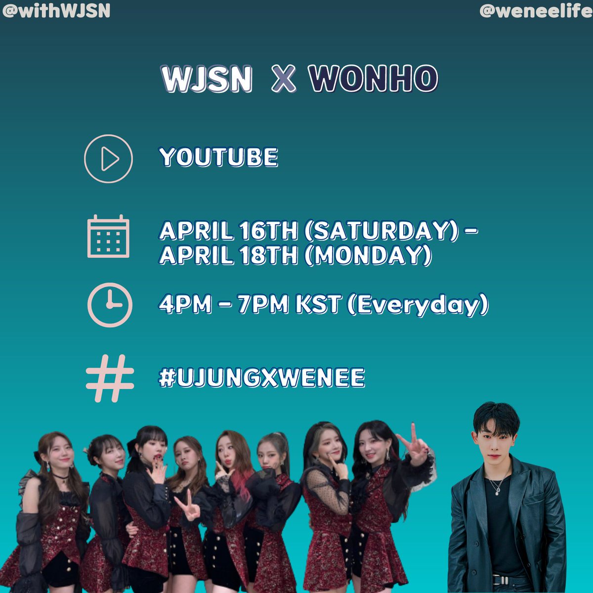 🖥📢 #WJSN X #IVE &amp; #WONHO

Do not forget to join our streaming party with <a href="/IVEassist/">IVE ASSIST TEAM</a> &amp; <a href="/weneelife/">𝒲𝑒𝓃𝑒𝑒𝘓𝘐𝘍𝘌</a> at 4PM until 7PM KST! Don't forget to join us later!

#우주소녀 <a href="/WJSN_Cosmic/">우주소녀</a>
#아이브  <a href="/IVEstarship/">IVE OFFICIAL</a>
#원호 <a href="/official__wonho/">WONHO Official</a>
