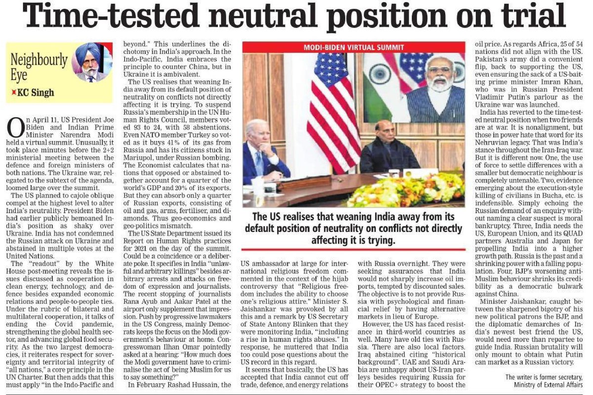 fpjindia's tweet photo. Time-tested neutral position on trial
- By K C Singh (@ambkcsingh)
#India #News #Editorial #FPJEditorial #JoeBiden #NarendraModi #IndiaUS @narendramodi @JoeBiden
https://t.co/SatF2zqpaB https://t.co/WMPxttEBFu