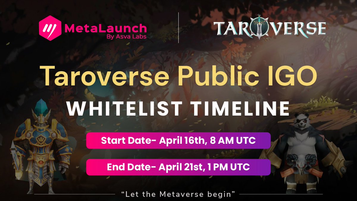 Here we go 🔥 

🥳 @Metalaunch_io is all set to host @TAROVERSEcom $TARO IGO🎊

⏰Public IGO: 22th April || 1 pm (UTC)

Whitelist Registration is going 🔴LIVE Now in 5⃣ minutes !! 

👉Join here:
app.metalaunch.io/project-detail…

👉 Participation Guide: asvalabs.medium.com/how-to-partici…