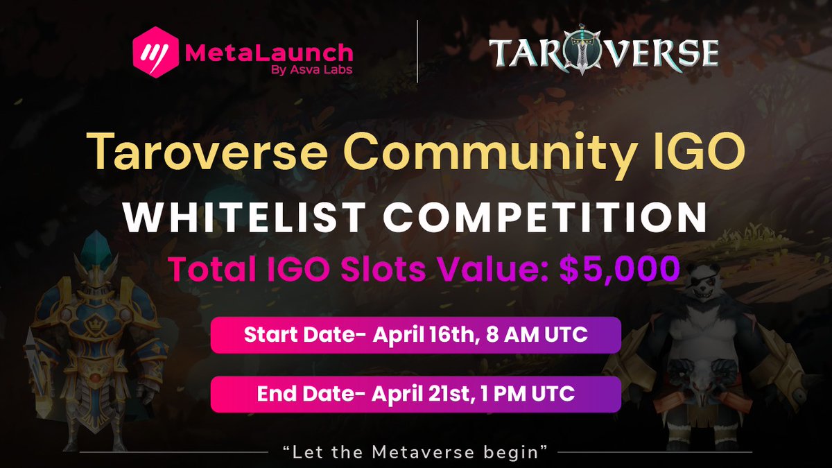 Strap in your Boots Riders 🔥⏳

@TAROVERSEcom Community Round IGO Whitelist Registration on @Metalaunch_io is now LIVE🔴

💰 Total #IGO slot value : $5,000

👉 Participate here:
app.metalaunch.io/project-detail…

✅️How to participate : asvalabs.medium.com/how-to-partici…

🤩Don't miss out 👀