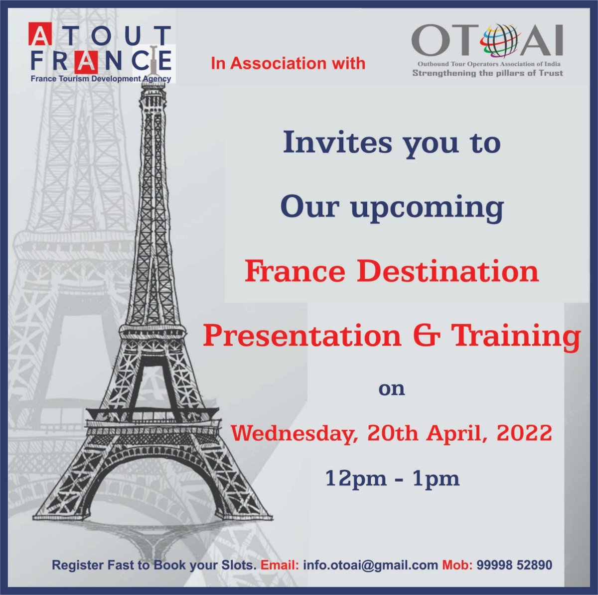 OTOAI_India's tweet photo. ATOUT FRANCE in Association with OTOAI Invites you to Our upcoming Presentation &amp; Training Wednesday, 20th April 2022France Destination on12pm -1pm 

Click the link to Register 
https://t.co/GW4MniWhg2

#france #francetourisme #igersfrance #visitfrance  #travel #tourism #OTOAI https://t.co/QaTtxzOy0g
