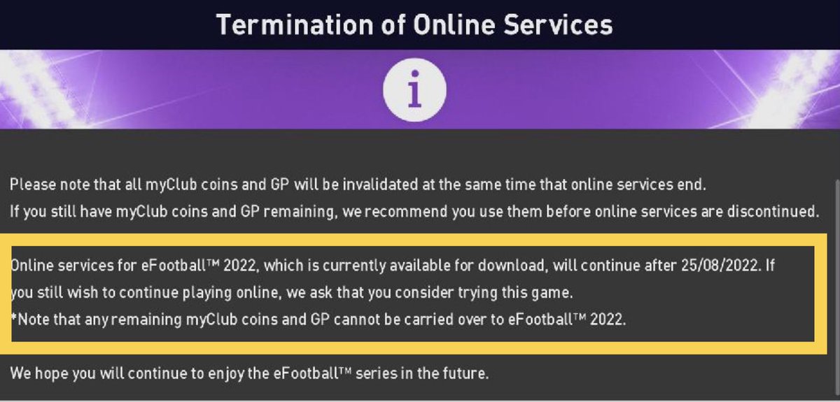 <a href="/play_eFootball/">eFootball</a> 
If you are terminating Online services and asking people to try #eFootball2022 at least offer the community those online modes which they won’t be able to play as a community anymore. Or provide a date at least so preparations can be made. #teamplay <a href="/WapesLeague/">WAPES League 11vs11</a>