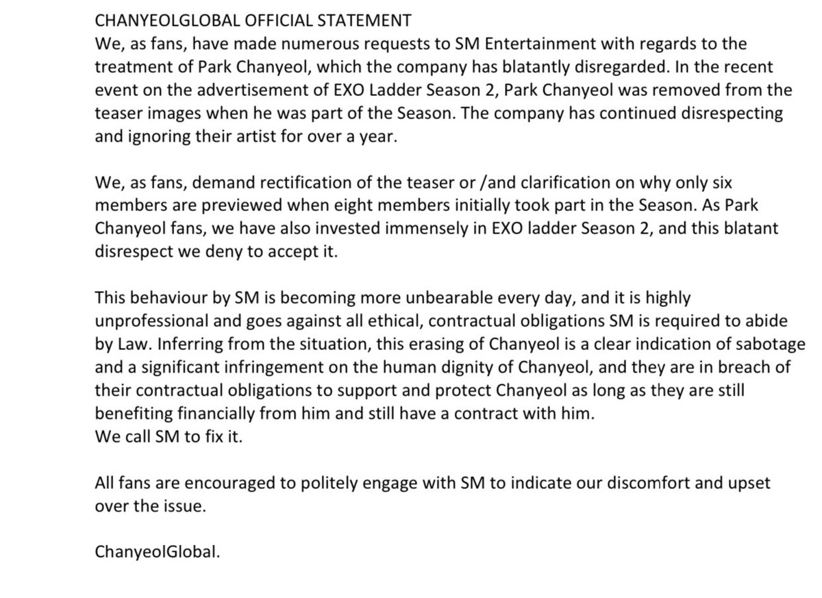 STATEMENT

It has come to our attention that <a href="/SMTOWNGLOBAL/">SMTOWN</a> has removed Chanyeol from the EXO ladder teaser! 

We as fans are upset and condone  this blatant disrespect towards #CHANYEOL

Please read our official statement 

 #찬열 <a href="/weareoneEXO/">EXO</a>