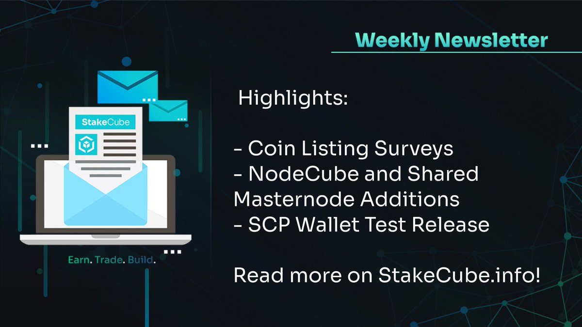 This week at #StakeCube:

- Coin Listing Surveys
- NodeCube and Shared Masternode Additions
- #SCP Wallet Test Release

... and many more things are happening! 

For the full newsletter click here 👇 stakecube.info/this-week-on-s…