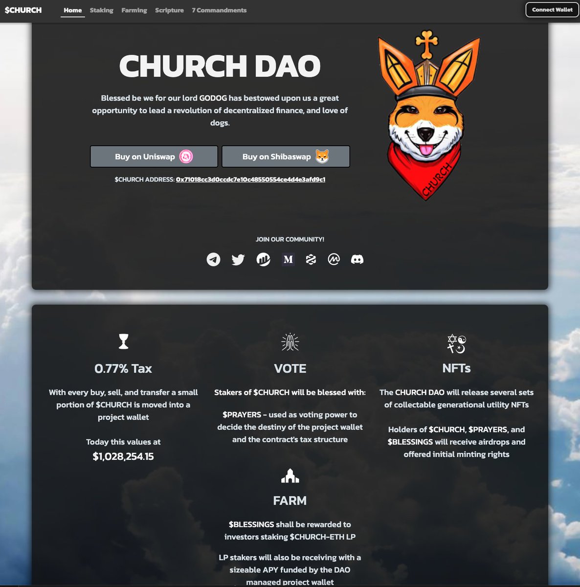 danblocmates's tweet photo. The $CHURCH website (thanks @dev_angel777!) is now LIVE inc staking, upcoming farming &amp; a dope AF NFT collection. 

If you've been following the $CHURCH alpha the last few days you'll know the legs this has.

Stake $CHURCH, earn $PRAYER to vote in the DAO

https://t.co/fH5mMQsySV https://t.co/q4dP73qFUw